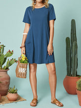 Solid Color Short Sleeve Pocket O-neck Casual Dress For Women